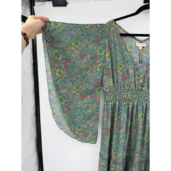 Anthropologie Boemo Green midi dress Paisley Tiered smocked Size L Boho Regency - Picture 4 of 11